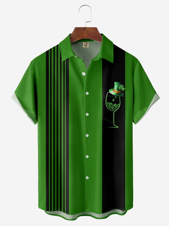Hardaddy Hawaiian Button Up Shirt for Men Green And Black St. Patrick's Day Clover Wine Regular Fit Short Sleeve Bowling Shirt St Paddy's Day Shirt