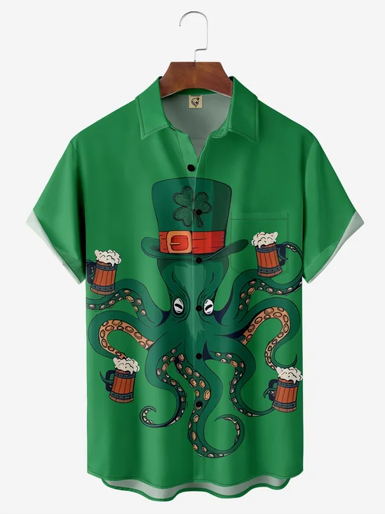 Hardaddy Hawaiian Button Up Shirt for Men Green St. Patrick's Day Octopus Beer Regular Fit Short Sleeve Shirt St Paddy's Day Shirt
