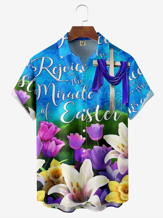 Cross Floral Chest Pocket Short Sleeve Hawaiian Shirt
