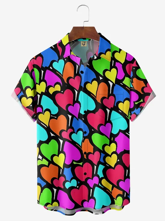 Hardaddy Valentine Heart Chest Pocket Short Sleeve Casual Shirt