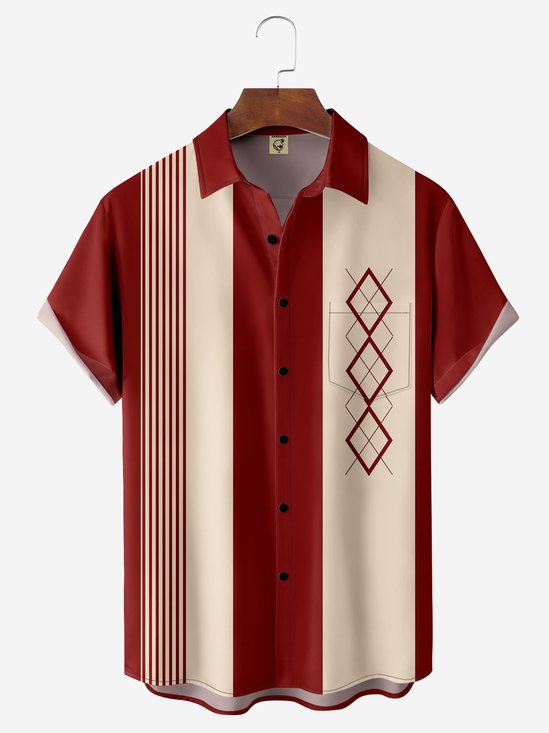 Hardaddy Geometric Color Block Chest Pocket Short Sleeve Bowling Shirt
