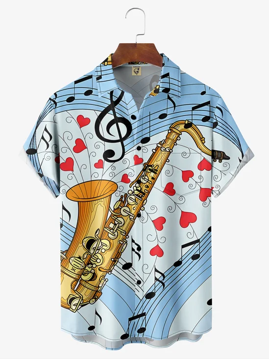 Music Saxophone Chest Pocket Short Sleeve Casual Shirt