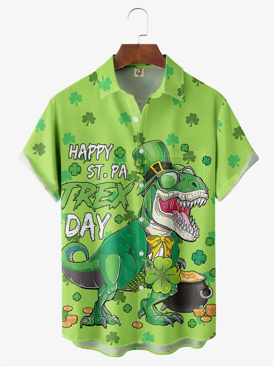 St. Patrick Dinosaur Chest Pocket Short Sleeve Casual Shirt