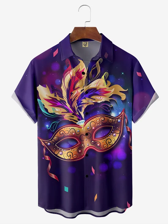 Mardi Gras Mask Chest Pocket Short Sleeve Casual Shirt
