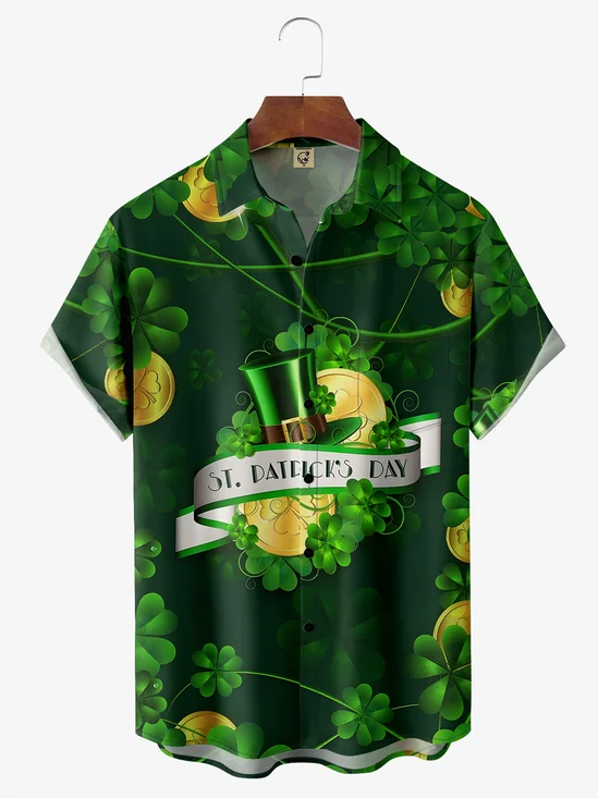 Hardaddy Hawaiian Button Up Shirt for Men Green St. Patrick's Day Lucky Clover Gold Coins Regular Fit Short Sleeve Shirt St Paddy's Day Shirt