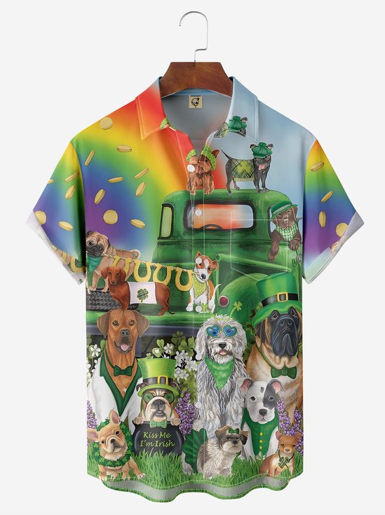 Hardaddy Hawaiian Button Up Shirt for Men St. Patrick's Day Lucky Dog Regular Fit Short Sleeve Shirt St Paddy's Day Shirt