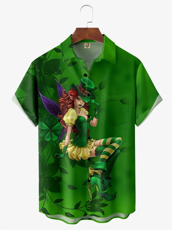 Hardaddy Hawaiian Button Up Shirt for Men Green St. Patrick's Day Lucky Clover Beauty Regular Fit Short Sleeve Shirt St Paddy's Day Shirt