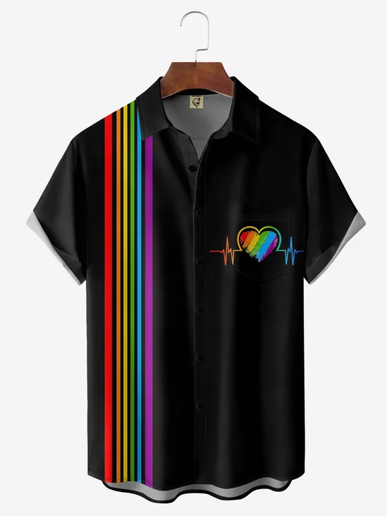 Geometry Rainbow Heart Chest Pocket Short Sleeve Bowling Shirt