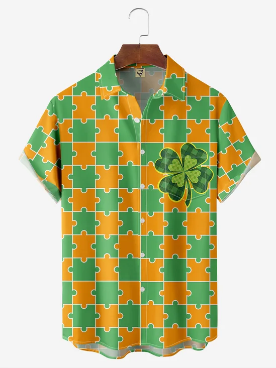 Hardaddy Hawaiian Button Up Shirt for Men Irish St. Patrick's Day Lucky Clover Lucky Grid Regular Fit Short Sleeve Shirt St Paddy's Day Shirt