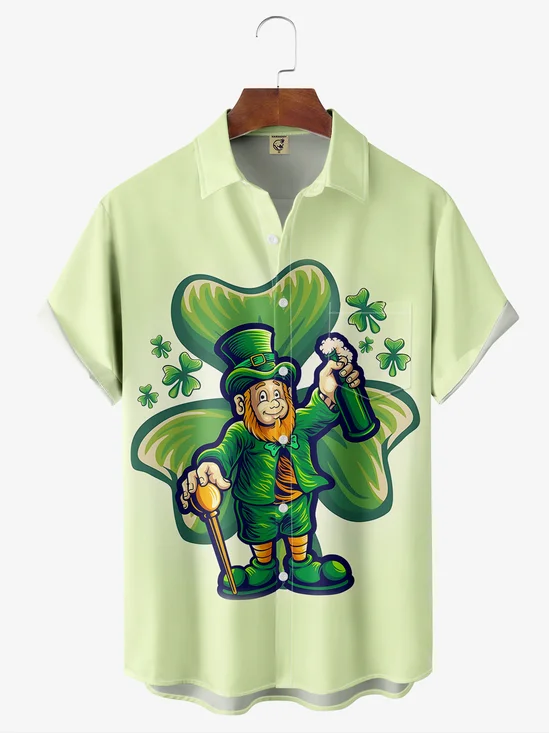 Hardaddy Hawaiian Button Up Shirt for Men Green St. Patrick's Day Lucky Clover Beer Regular Fit Short Sleeve Shirt St Paddy's Day Shirt