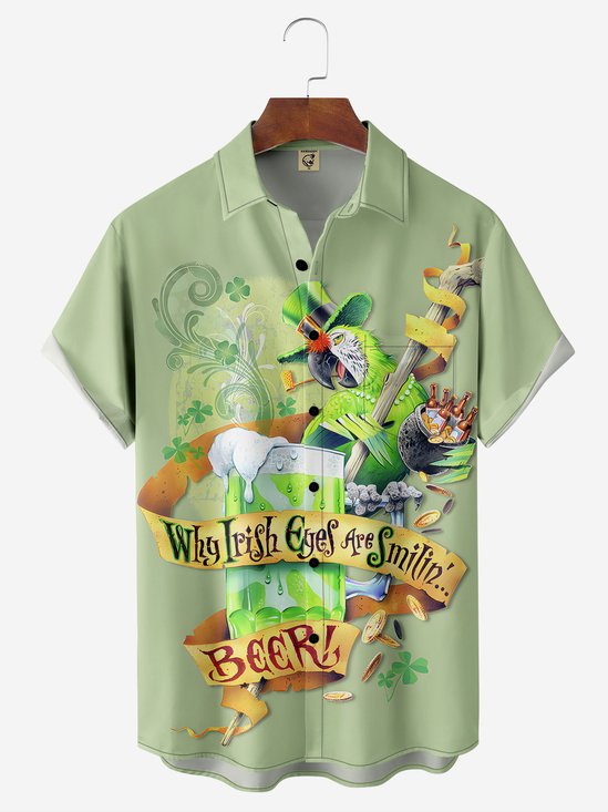Hardaddy Hawaiian Button Up Shirt for Men Green St. Patrick's Day Lucky Clover Parrot Beer Gold Coins Regular Fit Short Sleeve Shirt St Paddy's Day Shirt