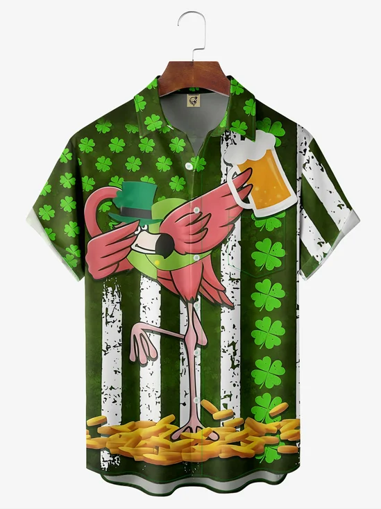 Hardaddy Hawaiian Button Up Shirt for Men Green St. Patrick's Day Lucky Clover Gold Coins Pink Flamingo Beer Regular Fit Short Sleeve Shirt St Paddy's Day Shirt