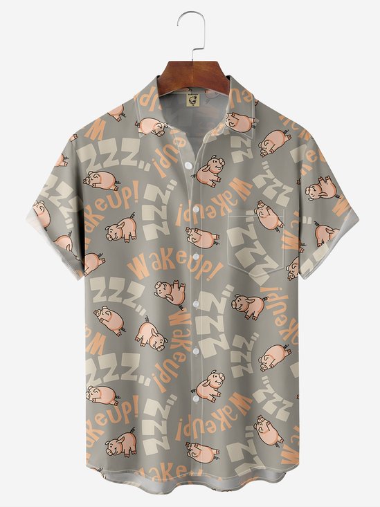 Animal Pig Chest Pocket Short Sleeve Casual Shirt