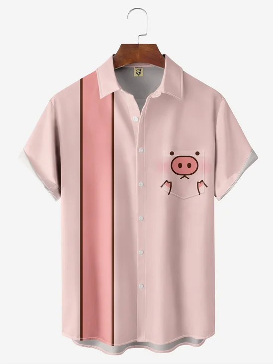 Animal Pig Chest Pocket Short Sleeve Bowling Shirt