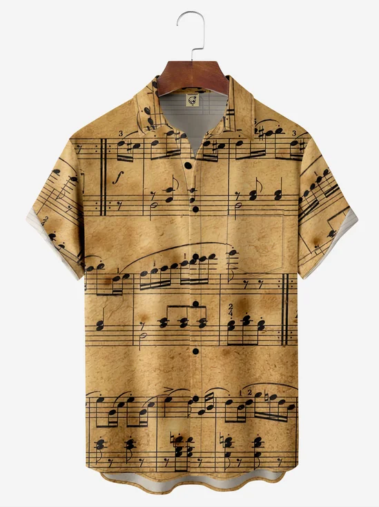Music Notes Chest Pocket Short Sleeve Casual Shirt