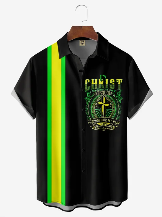 Easter Cross Chest Pocket Short Sleeve Bowling Shirt