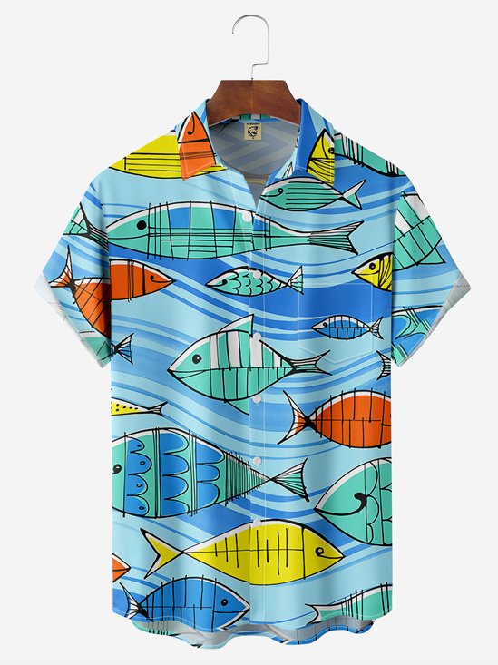 Hardaddy Fish Chest Pocket Short Sleeve Hawaiian Shirt