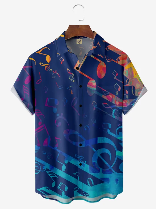 Music Notes Chest Pocket Short Sleeve Casual Shirt