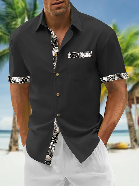 Hardaddy 100% Cotton Patchwork Tiki Black Short Sleeve Regular Fit Hawaiian Loose Resort Shirt