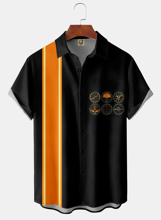Flight Instrument Chest Pocket Short Sleeve Bowling Shirt