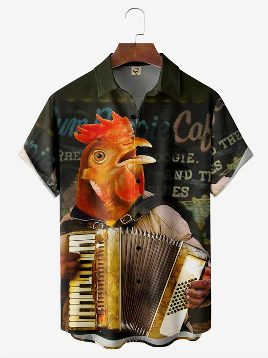 Music Rooster Chest Pocket Short Sleeve Casual Shirt
