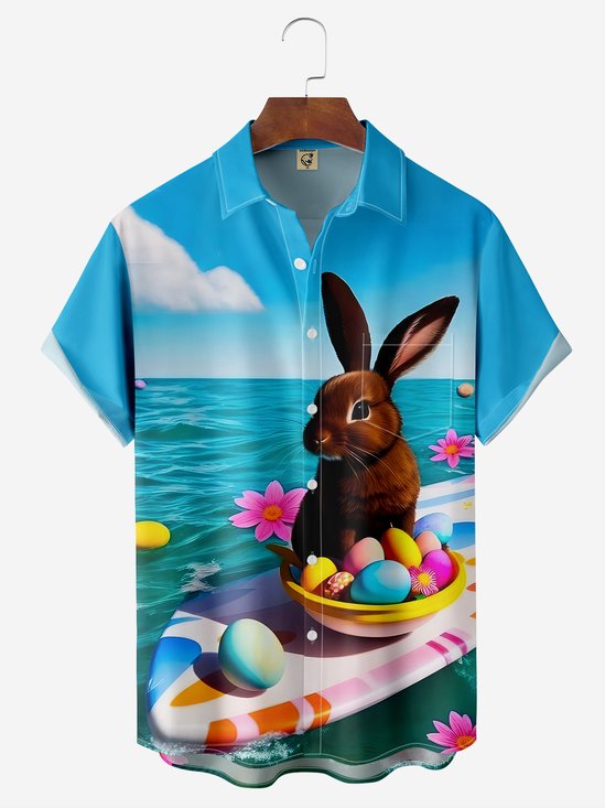 Hardaddy Blue Easter Bunny Egg Surfer Chest Pocket Short Sleeve Shirt Funny Men's Holiday Hawaiian Shirt