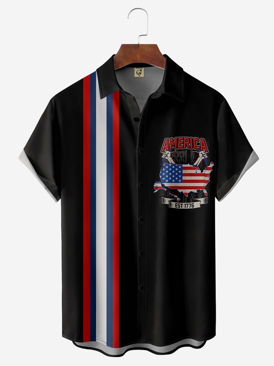 Hardaddy American Flag Chest Pocket Short Sleeve Bowling Shirt