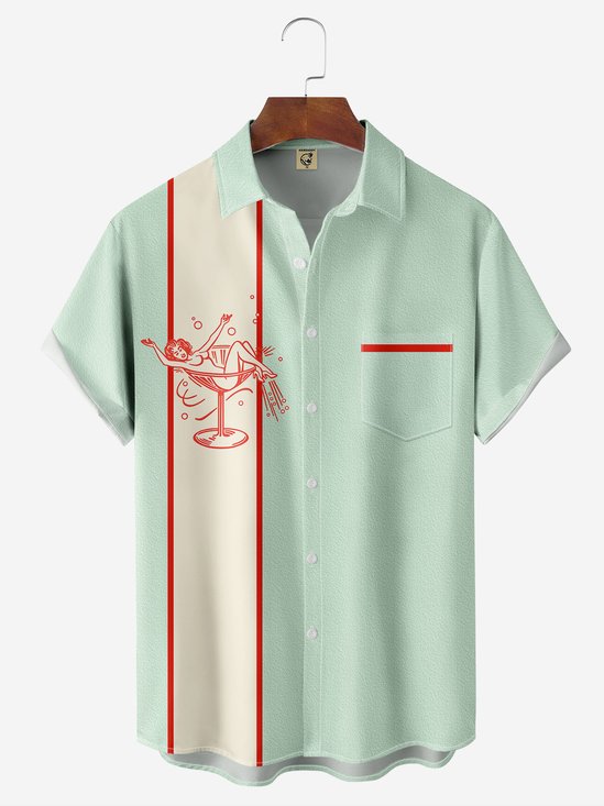 Beauty Cocktail Chest Pocket Short Sleeve Bowling Shirt
