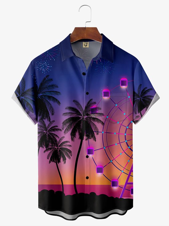 Hardaddy Coconut Tree Ferris Wheel Chest Pocket Short Sleeve Hawaiian Shirt