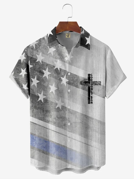 Easter Cross American Flag Chest Pocket Short Sleeve Casual Shirt