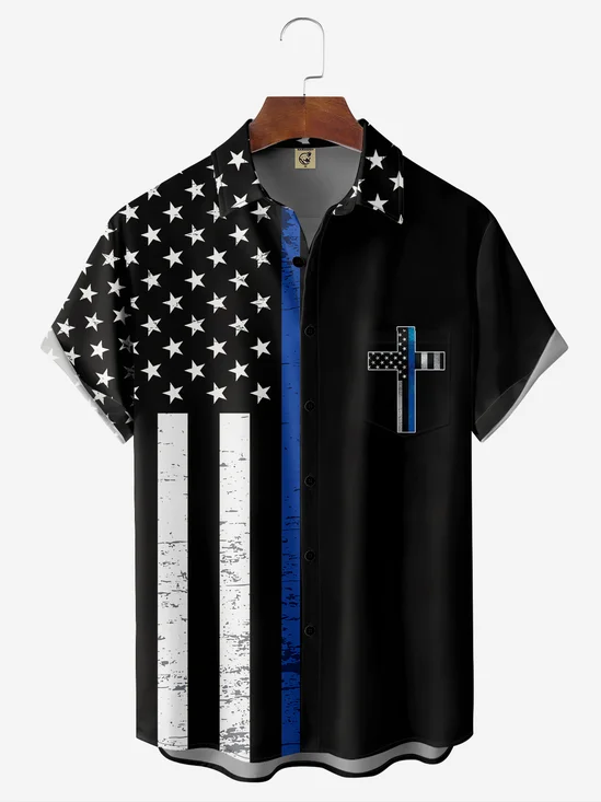 Easter Cross American Flag Chest Pocket Short Sleeve Casual Shirt
