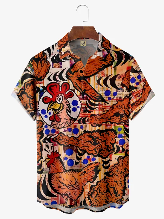 Rooster Chest Pocket Short Sleeve Casual Shirt