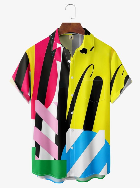 Hardaddy Geometric Color Block Chest Pocket Short Sleeve Casual Shirt