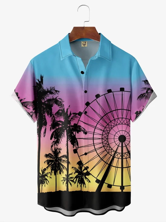 Coconut Tree Ferris Wheel Chest Pocket Short Sleeve Hawaiian Shirt