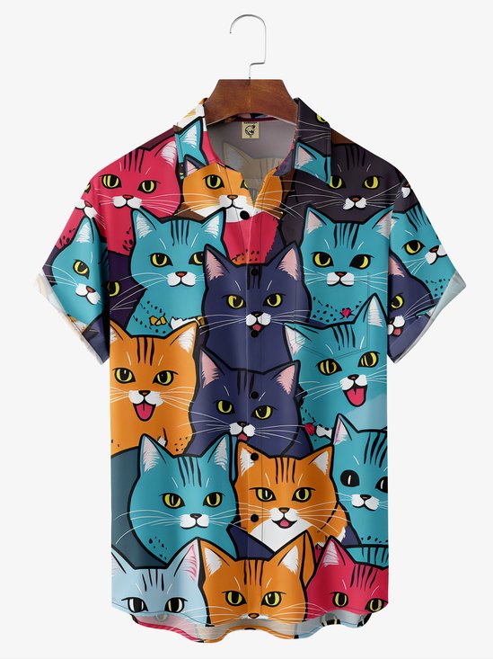 Hardaddy Cat Chest Pocket Short Sleeve Casual Shirt