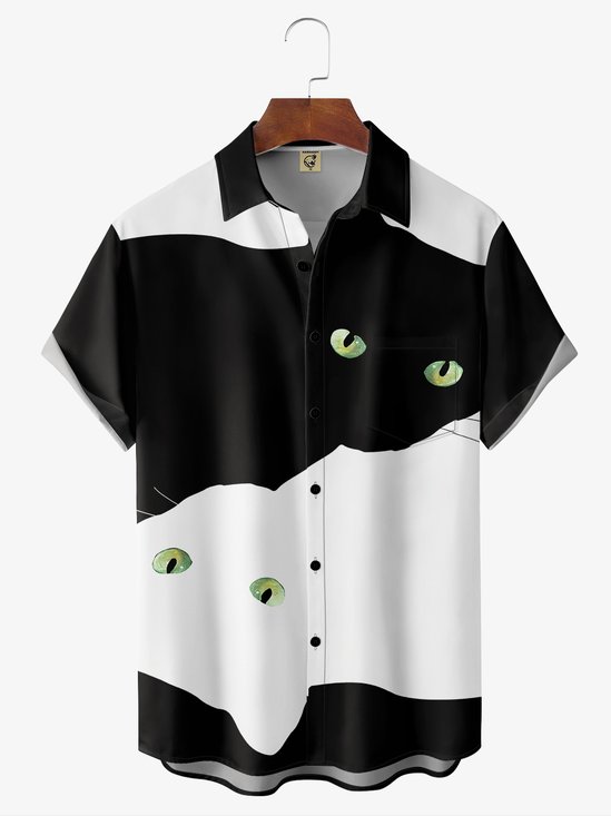 Hardaddy Cat Chest Pocket Short Sleeve Casual Shirt