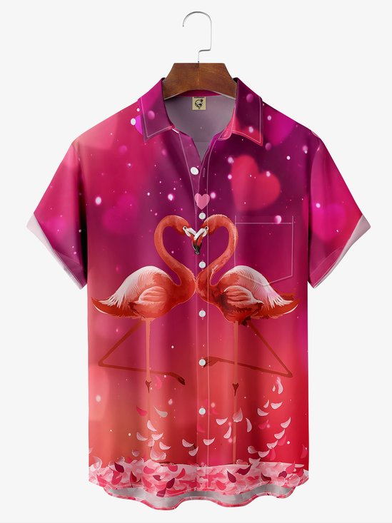 Hardaddy Valentine's Day Flamingo Chest Pocket Short Sleeve Casual Shirt