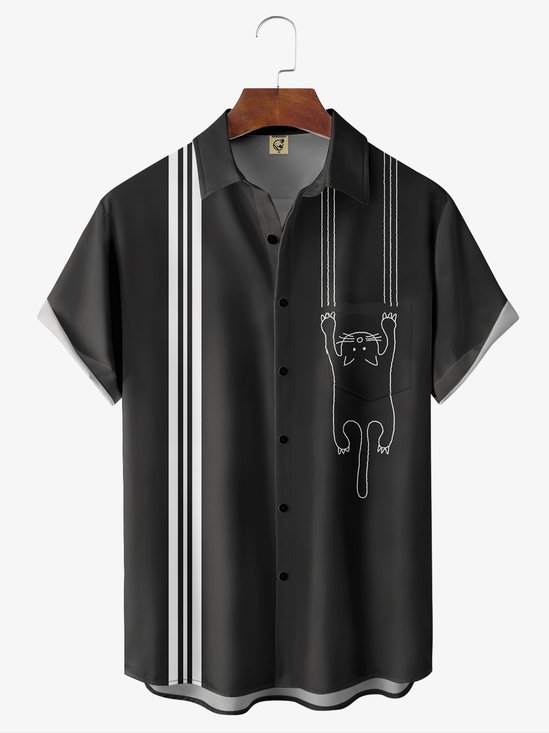 Hardaddy Geometric Cat Chest Pocket Short Sleeve Bowling Shirt