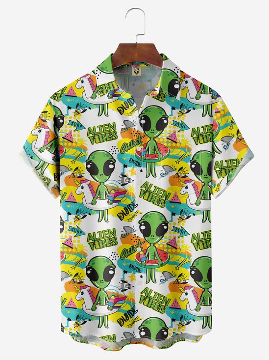 Moisture-wicking Fun Rainbow Horse Alien Chest Pocket Hawaiian Shirt