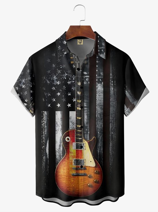 Hardaddy American Flag Guitar Chest Pocket Short Sleeve Casual Shirt