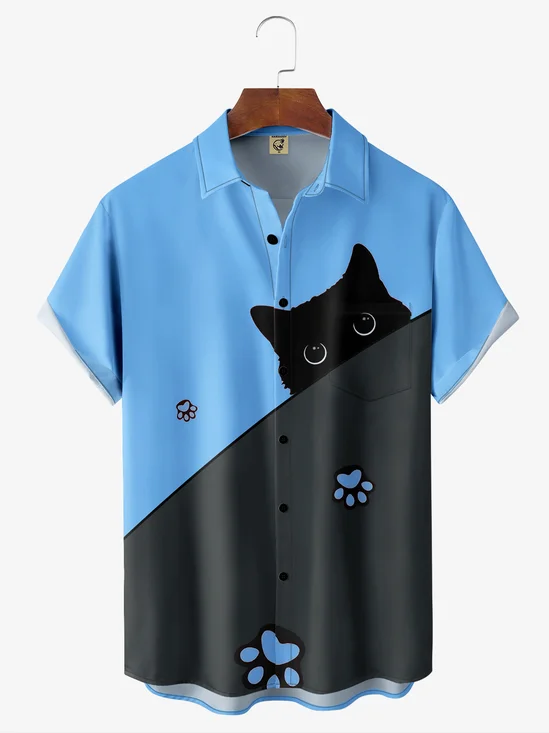 Hardaddy Black Cat Chest Pocket Short Sleeve Casual Shirt