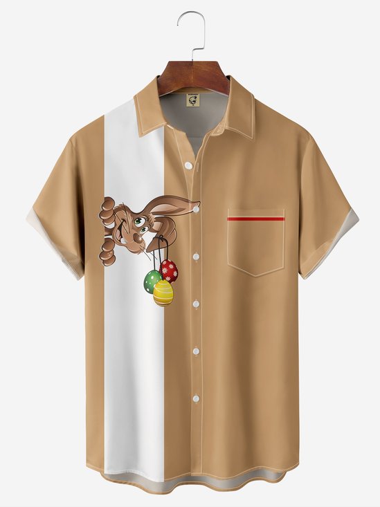 Rabbit Easter Egg Chest Pocket Short Sleeve Bowling Shirt