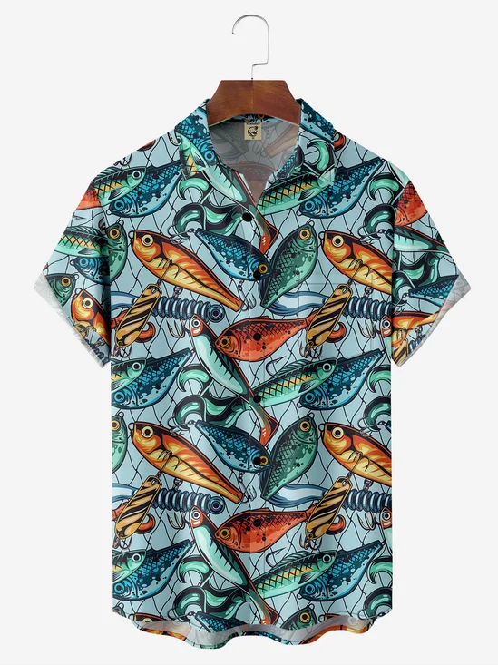 Fish Chest Pocket Short Sleeve Hawaiian Shirt