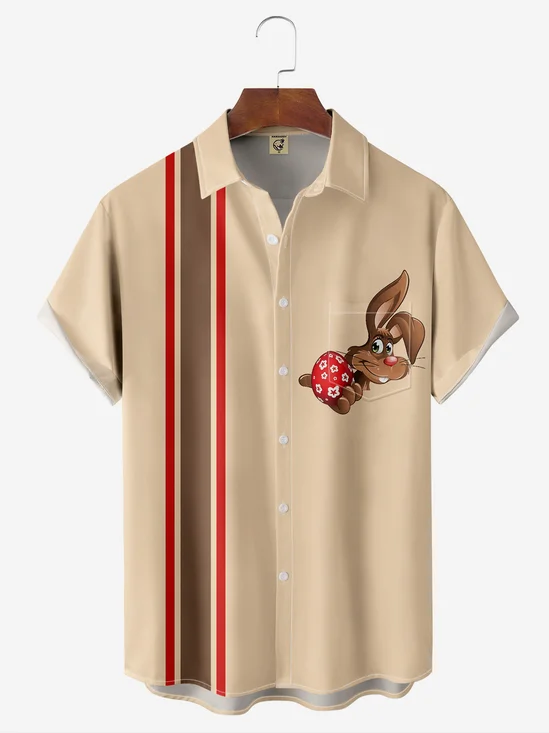 Hardaddy Easter Bunny Egg Chest Pocket Short Sleeve Bowling Shirt