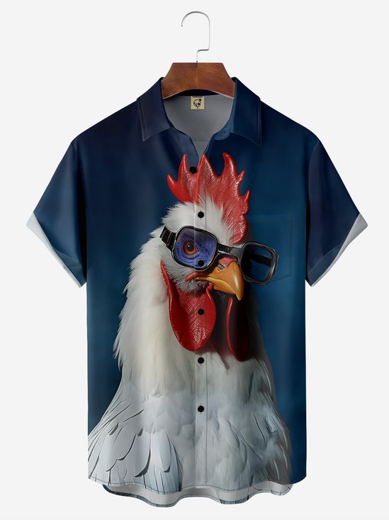 Fun Chicken Chest Pocket Short Sleeve Hawaiian Shirt