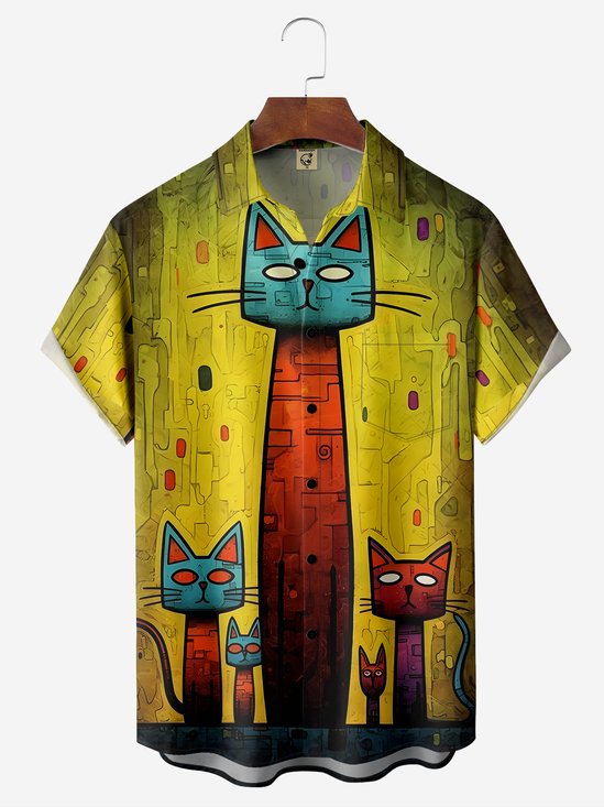 Cats Chest Pocket Short Sleeve Casual Shirt