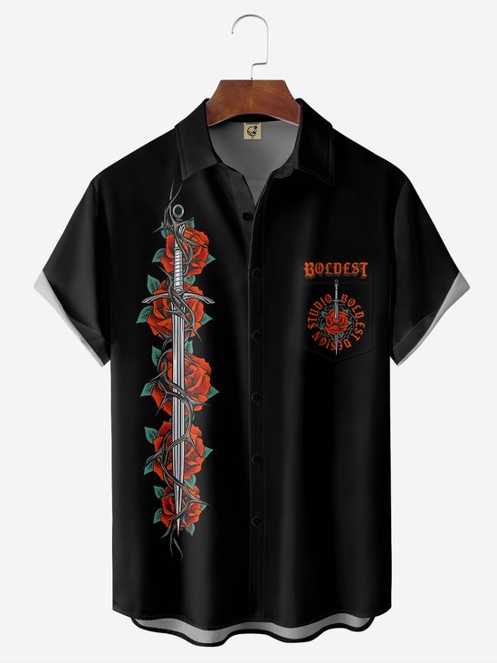 Sword and Rose Chest Pocket Short Sleeve Casual Shirt