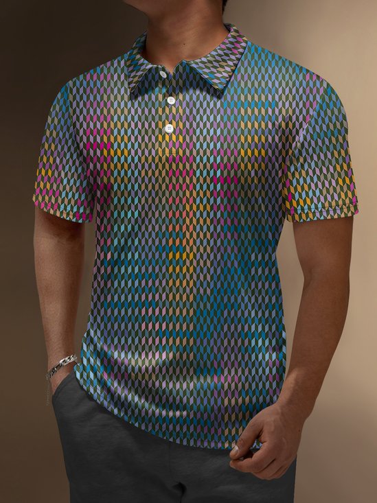 Hardaddy Geometric Button Short Sleeve Polo Shirt