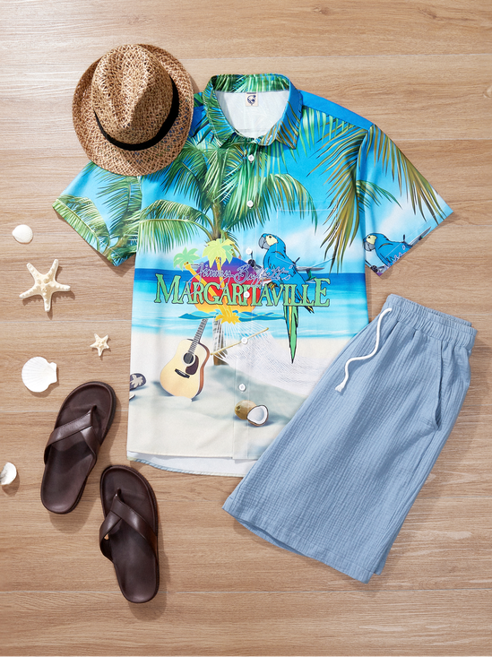 Hardaddy Blue Funny Button Down Hawaiian Shirt Tropical Parrots Music Coconuts Chest Pocket Short Sleeve Hawaiian Shirt