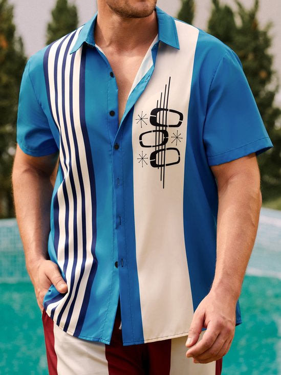 Hardaddy Hawaiian Shirt for Men Vintage Hawaiian Bowling Geometric Print Casual Breathable Hawaiian Short Sleeve Shirt